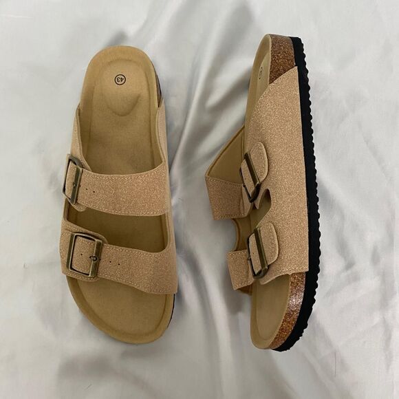 Boho Tan Brown Faux Suede Brassy Gold Buckle Sandals / Slides EU 43 US 12 - Picture 1 of 5